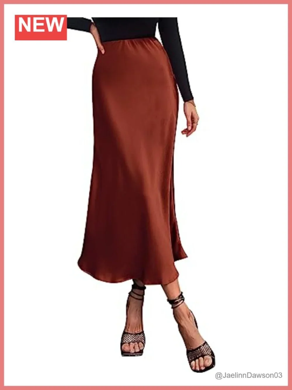 Satin Flowy Midi A-Line Skirt High Waist Ruffle Hem Elastic